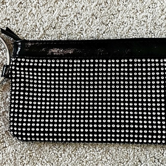 Black Patent Leather Rhinestone Bling Clutch Handbag Silver Biker Moto Wristlet - Picture 2 of 8